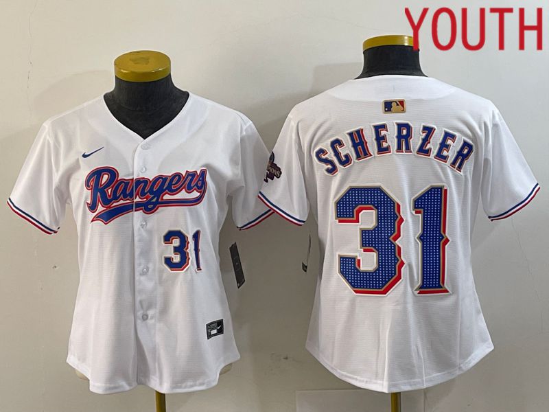 Youth Texas Rangers #31 Scherzer White Champion Game Nike 2024 MLB Jersey style 2->->Youth Jersey